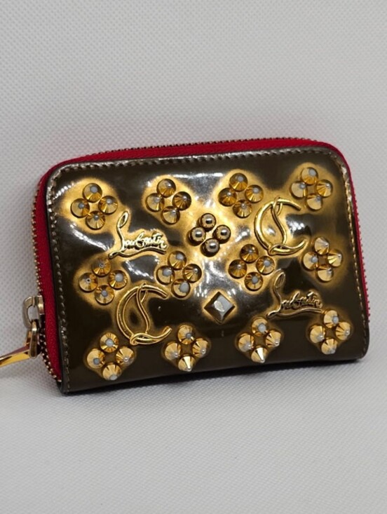 Christian Louboutin Handbags - Christian Louboutin Panetone Metallic Gold Studded Zip Coin Wallet with Red Trim